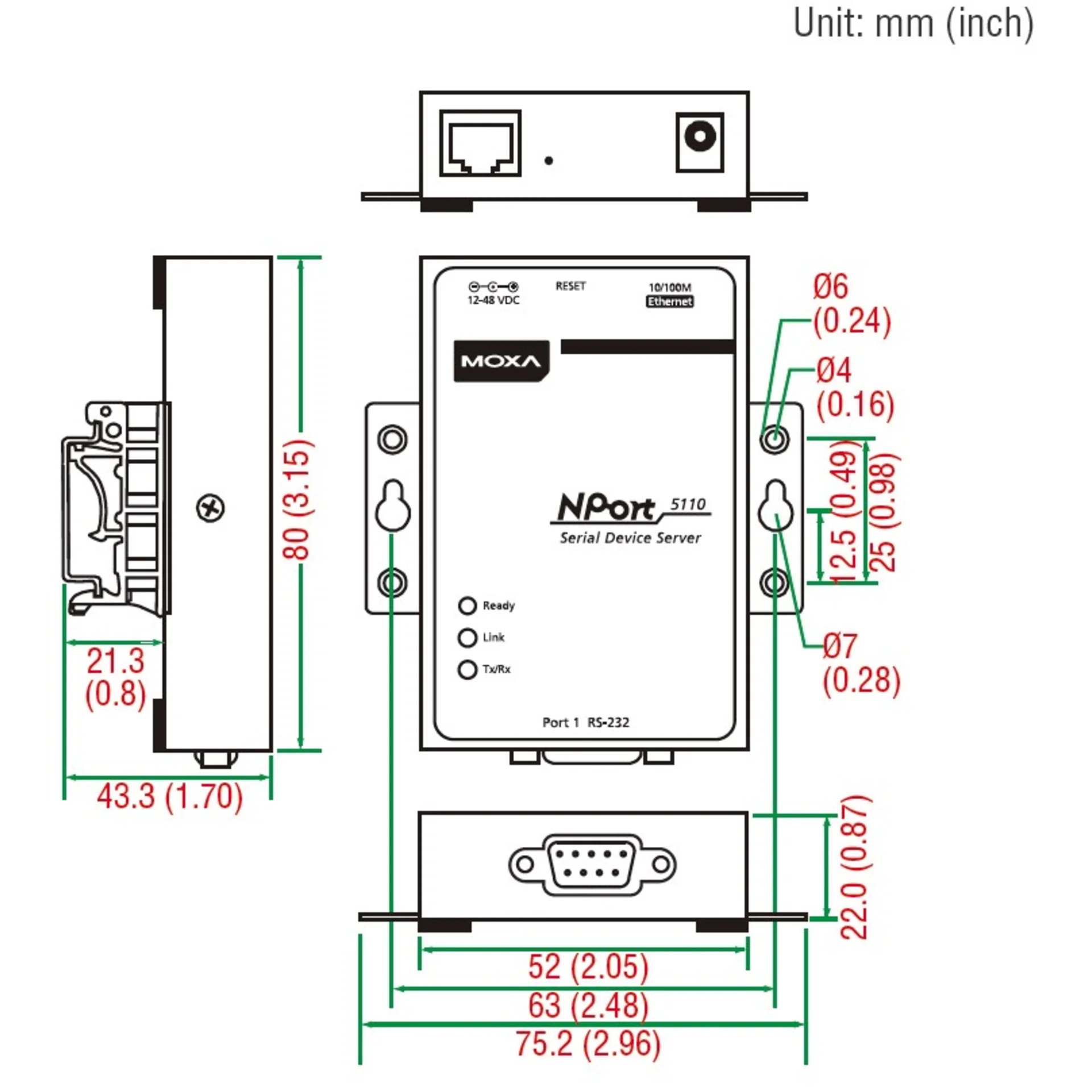 NPort 5150 1-портовый асинхронный сервер RS-232/422/485 в Ethernet MOXA ...